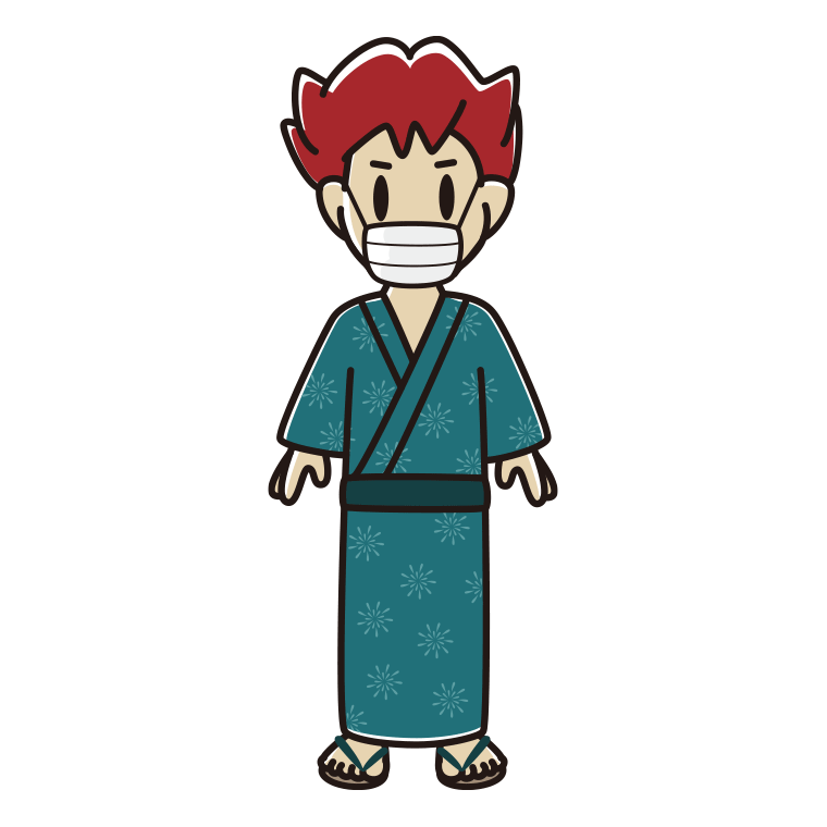 マスクをする浴衣姿の男子大学生のイラスト【色あり、背景なし】透過PNG