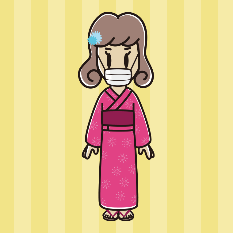 マスクをする浴衣姿の女子大学生のイラスト【色、背景あり】PNG