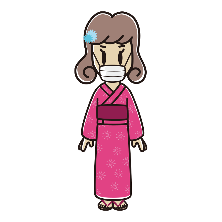 マスクをする浴衣姿の女子大学生のイラスト【色あり、背景なし】透過PNG