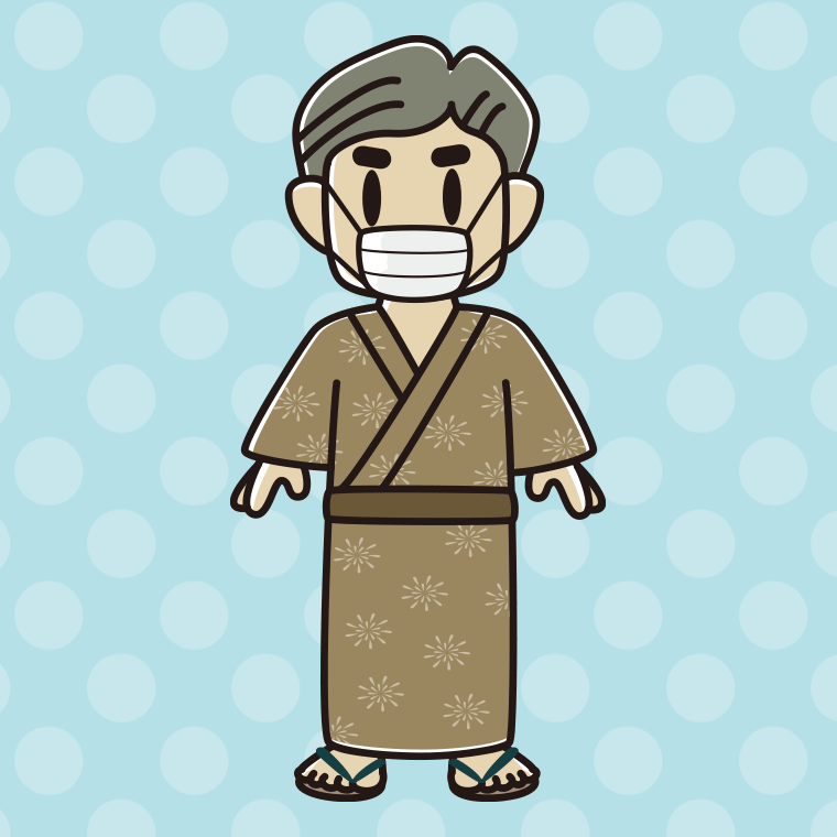 マスクをする浴衣姿のおじさんのイラスト【色、背景あり】PNG