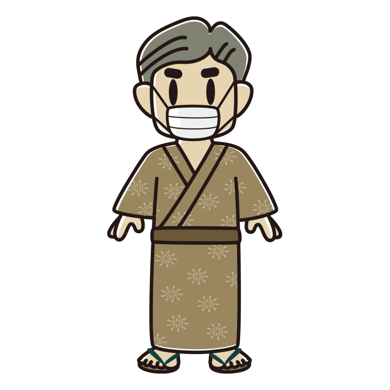 マスクをする浴衣姿のおじさんのイラスト【色あり、背景なし】透過PNG