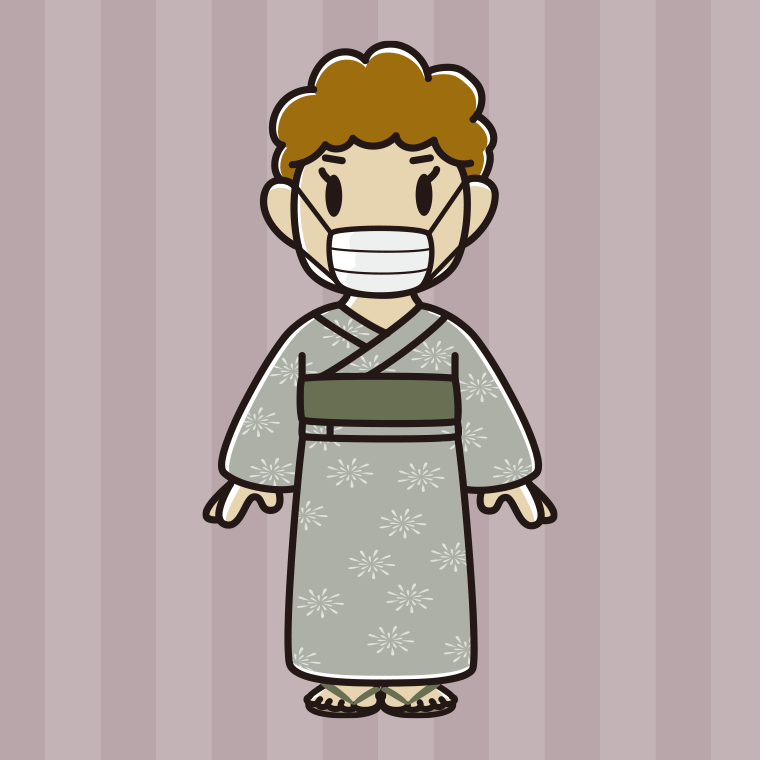 マスクをする浴衣姿のおばさんのイラスト【色、背景あり】PNG