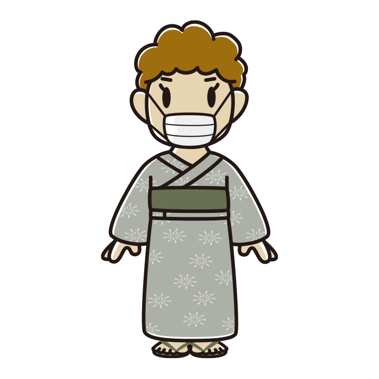 マスクをする浴衣姿のおばさんのイラスト【色あり、背景なし】透過PNG