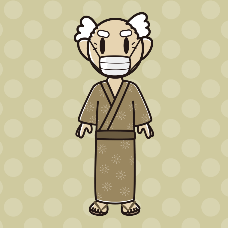 マスクをする浴衣姿のおじいさんのイラスト【色、背景あり】PNG