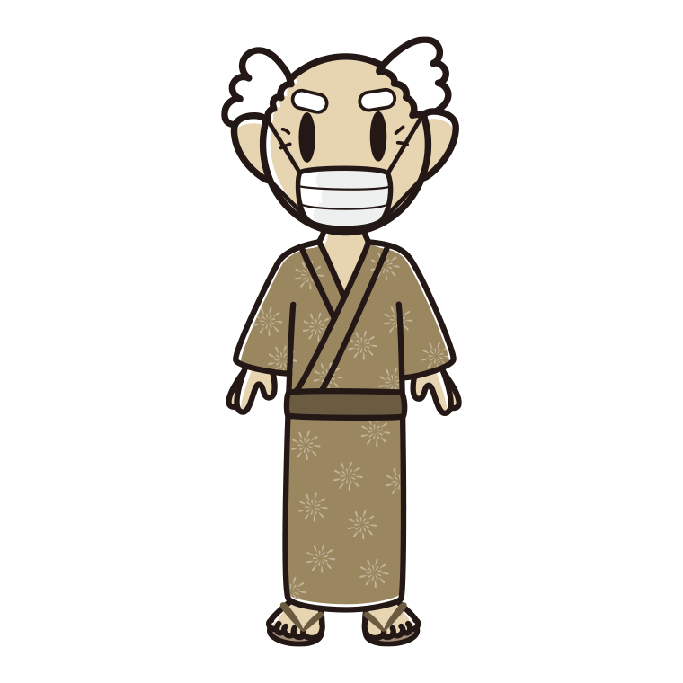 マスクをする浴衣姿のおじいさんのイラスト【色あり、背景なし】透過PNG