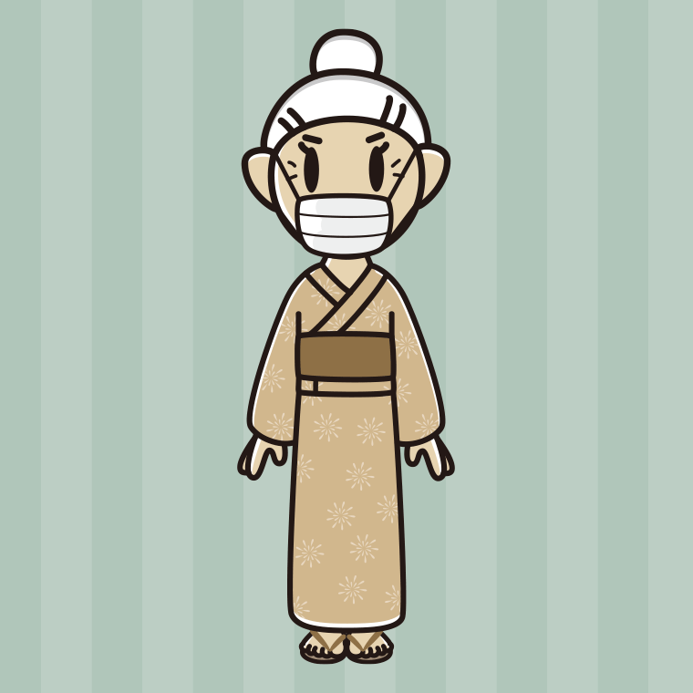 マスクをする浴衣姿のおばあさんのイラスト【色、背景あり】PNG