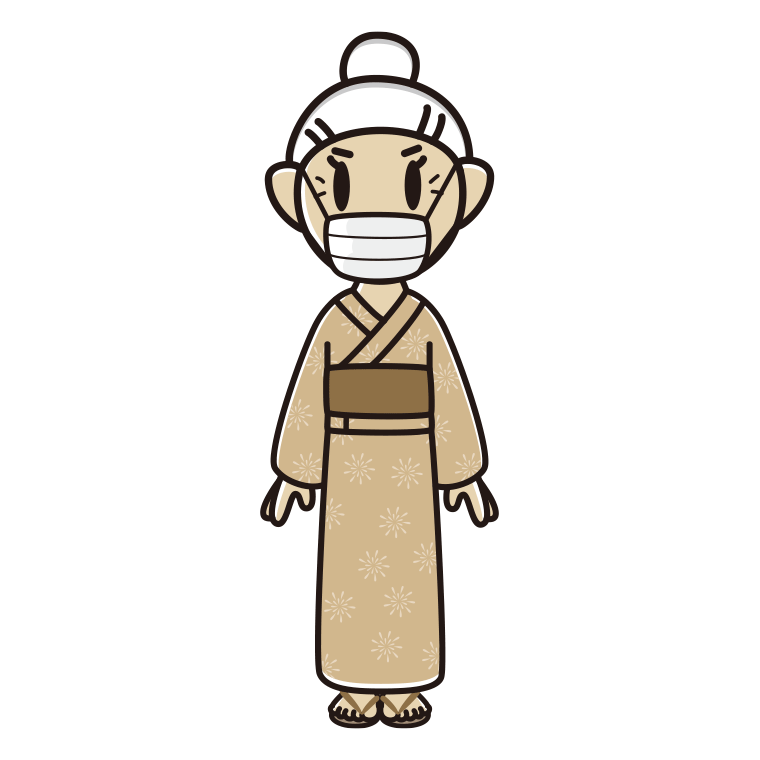 マスクをする浴衣姿のおばあさんのイラスト【色あり、背景なし】透過PNG