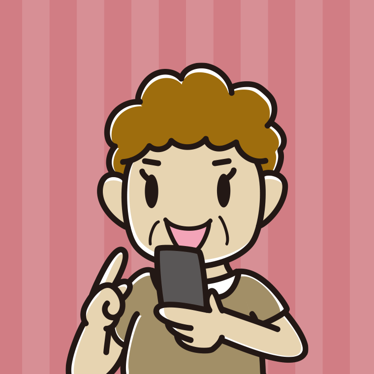 スマホを使うおばさんのイラスト（バストアップ）【色、背景あり】PNG