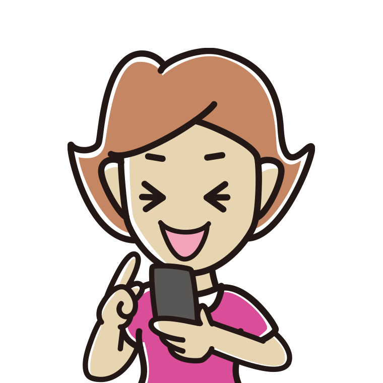 スマホ使用中に笑う女性のイラスト【色あり、背景なし】透過PNG