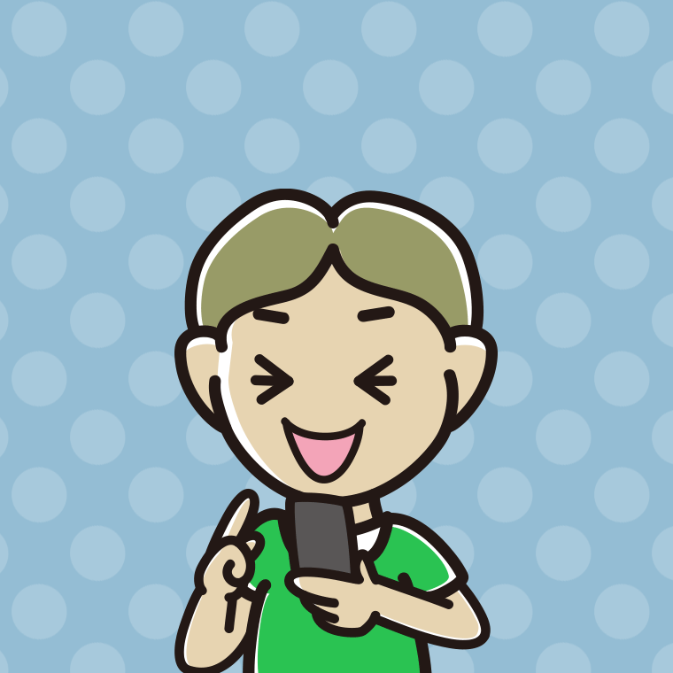 スマホ使用中に笑う小学生男子のイラスト【色、背景あり】PNG