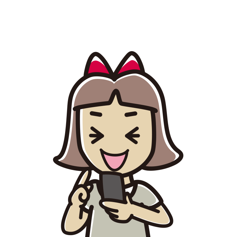 スマホ使用中に笑う小学生女子のイラスト【色あり、背景なし】透過PNG