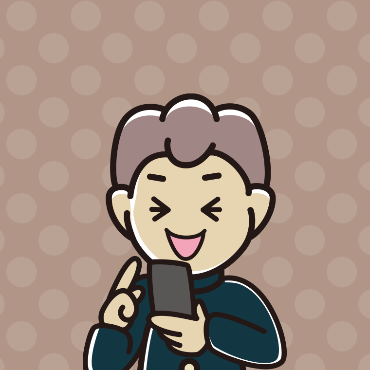 スマホ使用中に笑う男子中学生のイラスト【色、背景あり】PNG