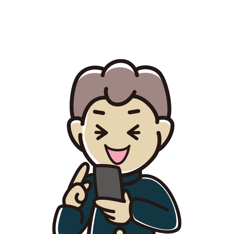 スマホ使用中に笑う男子中学生のイラスト【色あり、背景なし】透過PNG