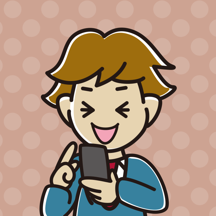 スマホ使用中に笑う男子高校生のイラスト【色、背景あり】PNG