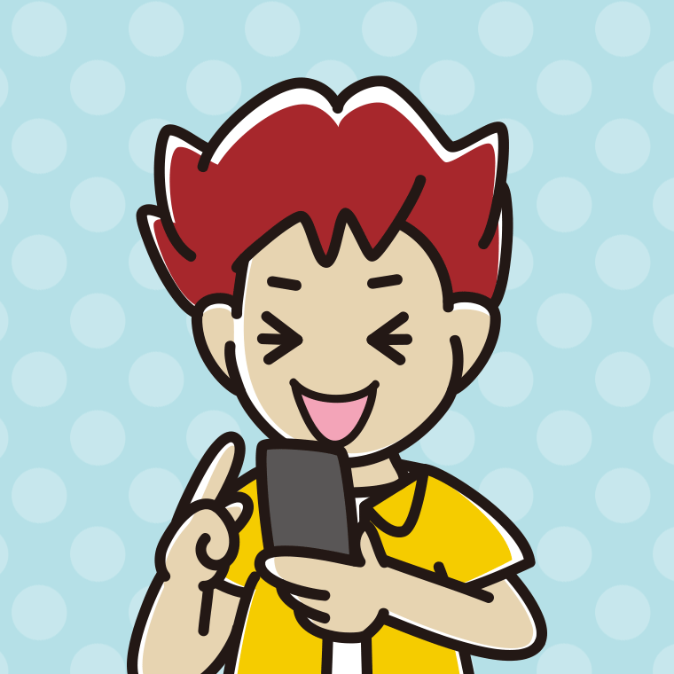 スマホ使用中に笑う男子大学生のイラスト【色、背景あり】PNG