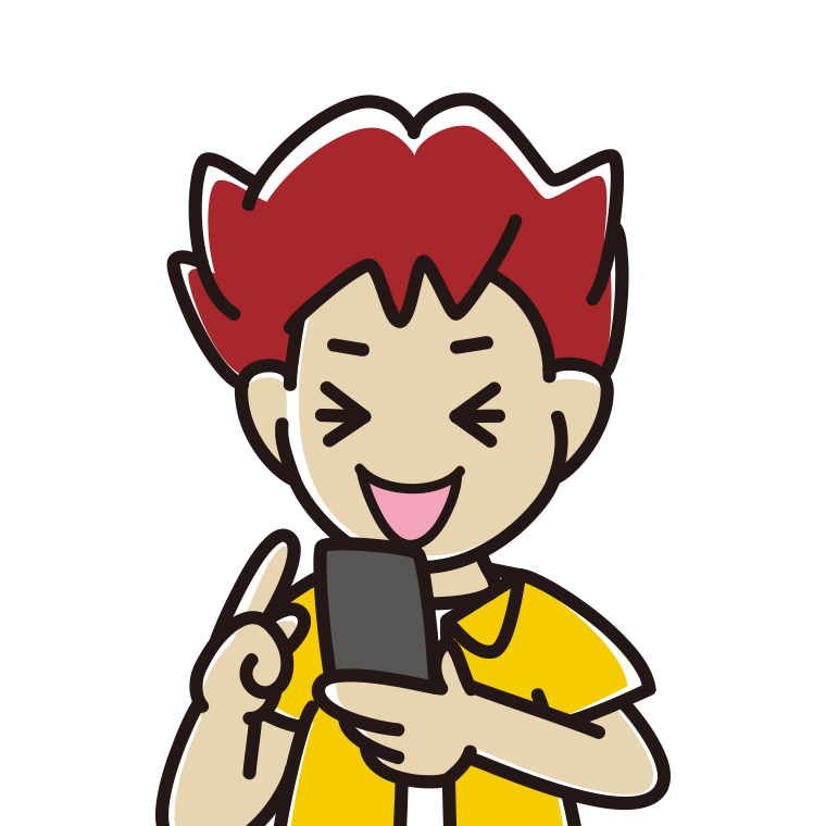 スマホ使用中に笑う男子大学生のイラスト【色あり、背景なし】透過PNG