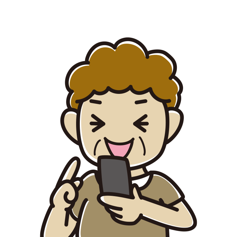 スマホ使用中に笑うおばさんのイラスト【色あり、背景なし】透過PNG
