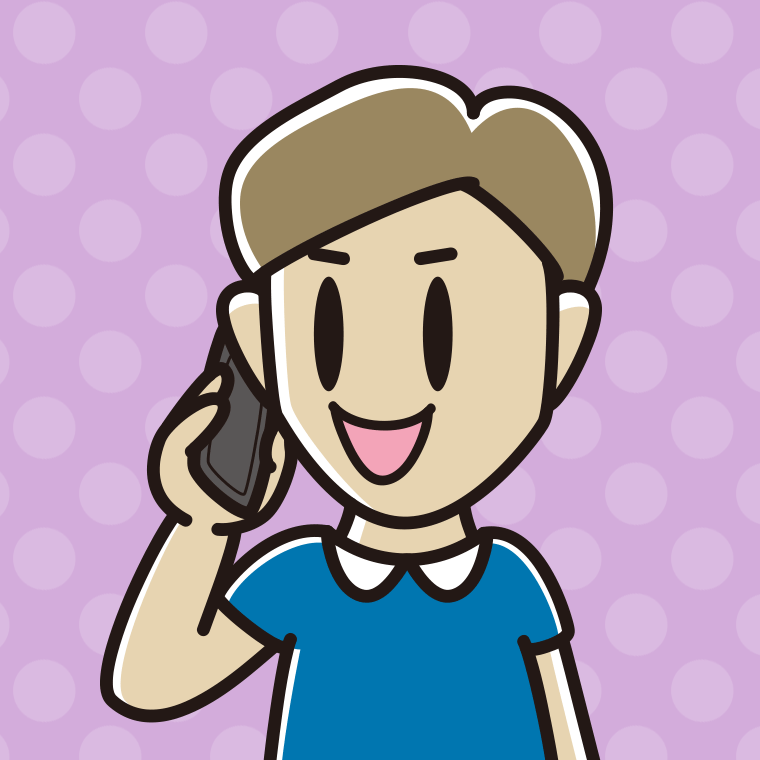 スマホで電話する男性のイラスト（バストアップ）【色、背景あり】PNG