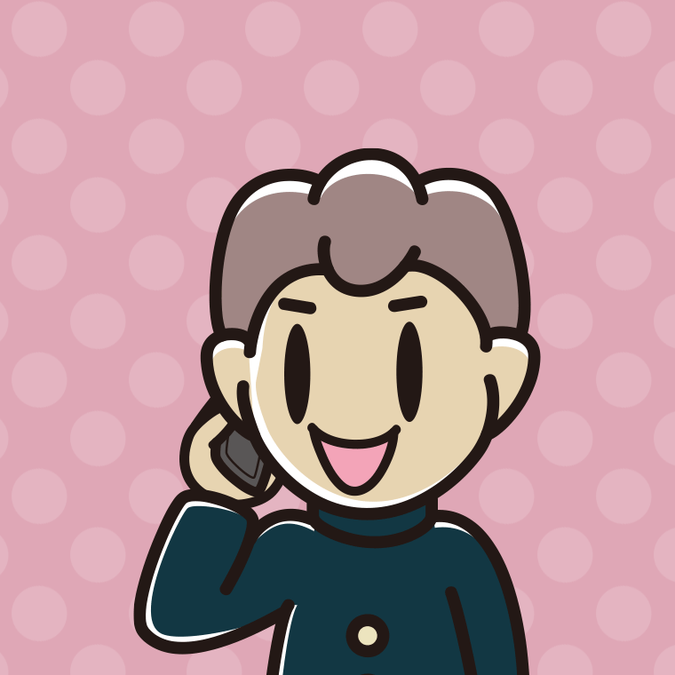 スマホで電話する男子中学生のイラスト（バストアップ）【色、背景あり】PNG