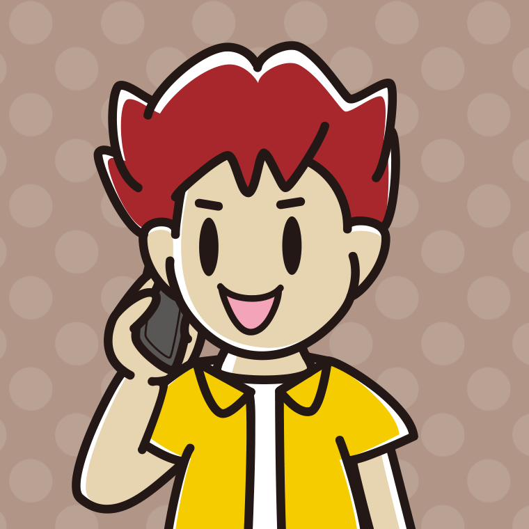 スマホで電話する男子大学生のイラスト（バストアップ）【色、背景あり】PNG