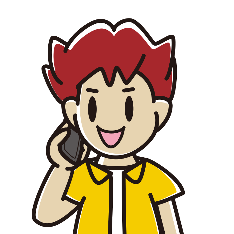 スマホで電話する男子大学生のイラスト（バストアップ）【色あり、背景なし】透過PNG