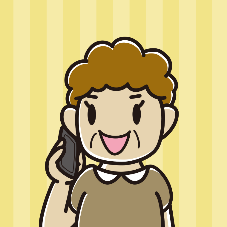スマホで電話するおばさんのイラスト（バストアップ）【色、背景あり】PNG
