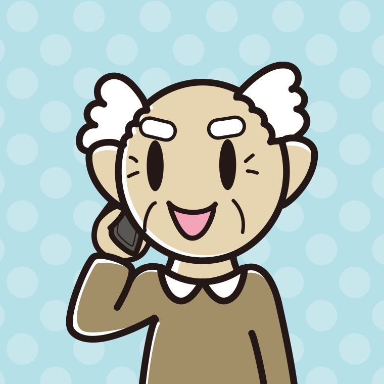 スマホで電話するおじいさんのイラスト（バストアップ）【色、背景あり】PNG