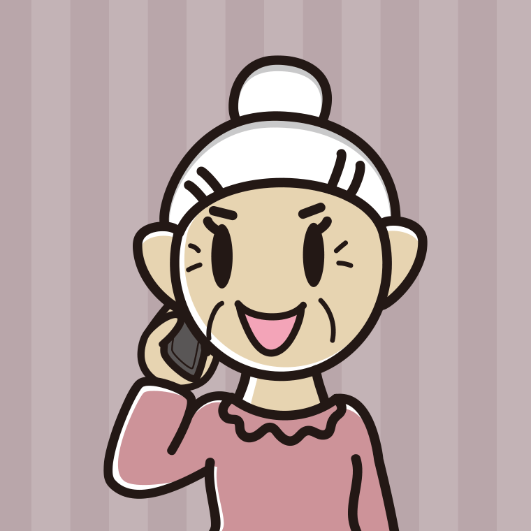 スマホで電話するおばあさんのイラスト（バストアップ）【色、背景あり】PNG