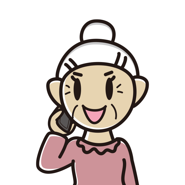 スマホで電話するおばあさんのイラスト（バストアップ）【色あり、背景なし】透過PNG