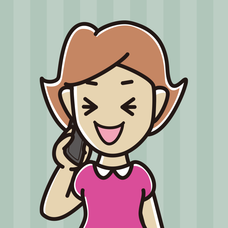 スマホで電話して笑う女性のイラスト【色、背景あり】PNG