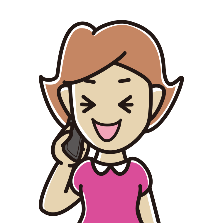 スマホで電話して笑う女性のイラスト【色あり、背景なし】透過PNG