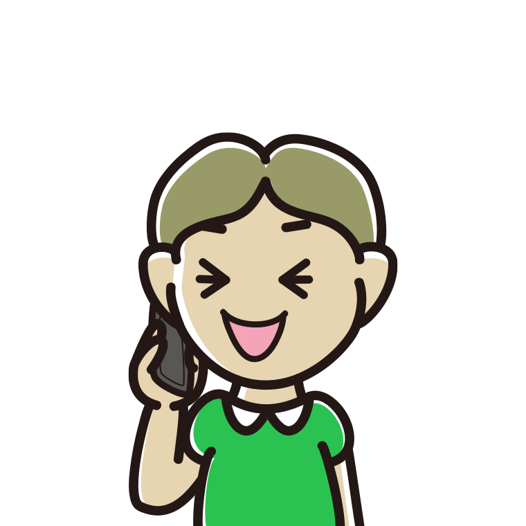 スマホで電話して笑う小学生男子のイラスト【色あり、背景なし】透過PNG