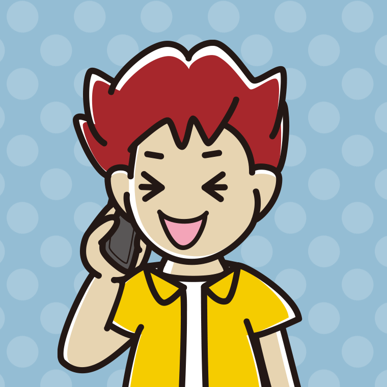 スマホで電話して笑う男子大学生のイラスト【色、背景あり】PNG