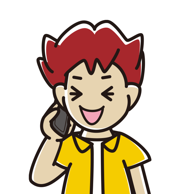 スマホで電話して笑う男子大学生のイラスト【色あり、背景なし】透過PNG