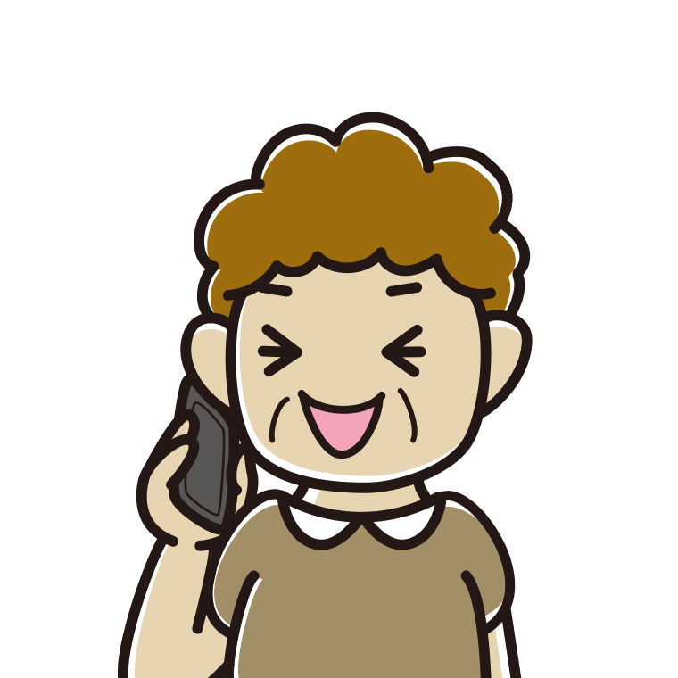 スマホで電話して笑うおばさんのイラスト【色あり、背景なし】透過PNG