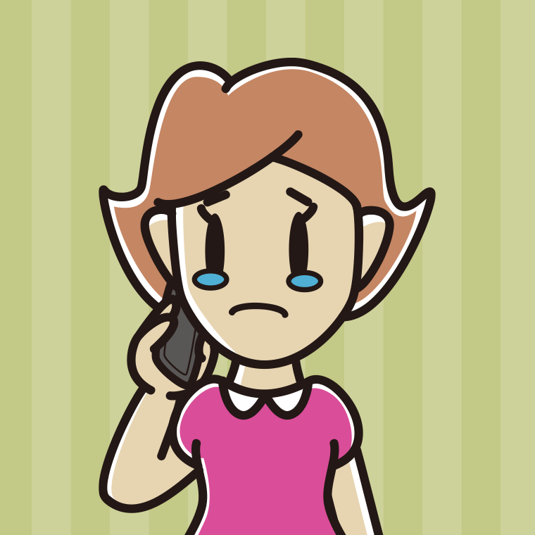 スマホで電話して泣く女性のイラスト【色、背景あり】PNG