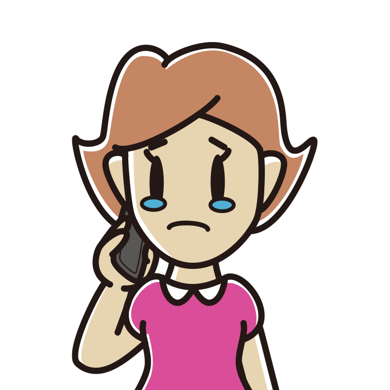 スマホで電話して泣く女性のイラスト【色あり、背景なし】透過PNG
