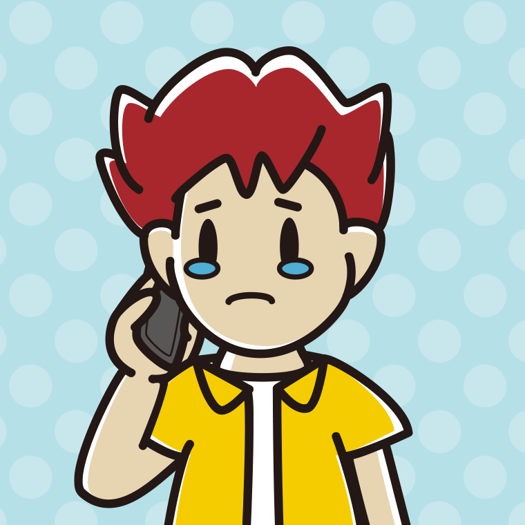 スマホで電話して泣く男子大学生のイラスト【色、背景あり】PNG