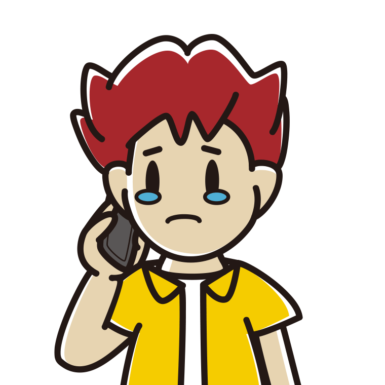 スマホで電話して泣く男子大学生のイラスト【色あり、背景なし】透過PNG