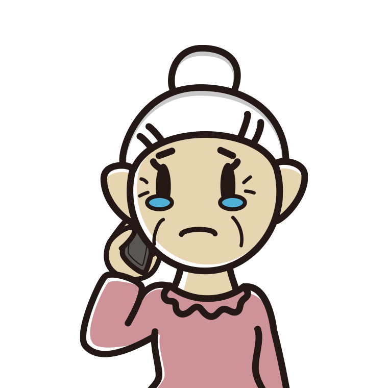スマホで電話して泣くおばあさんのイラスト【色あり、背景なし】透過PNG