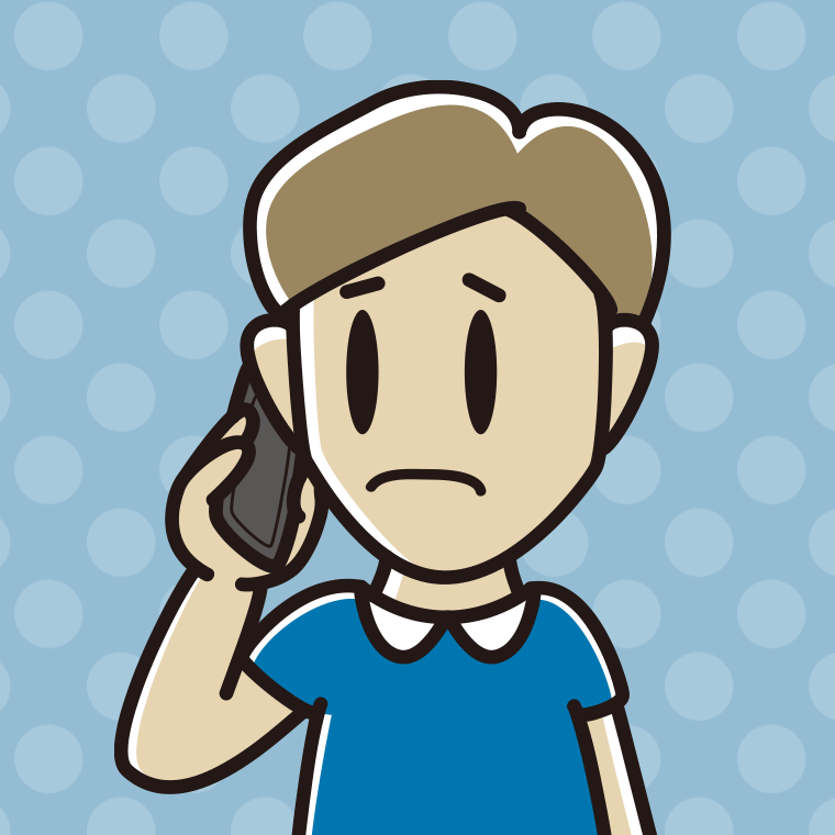 スマホで電話して困る男性のイラスト【色、背景あり】PNG