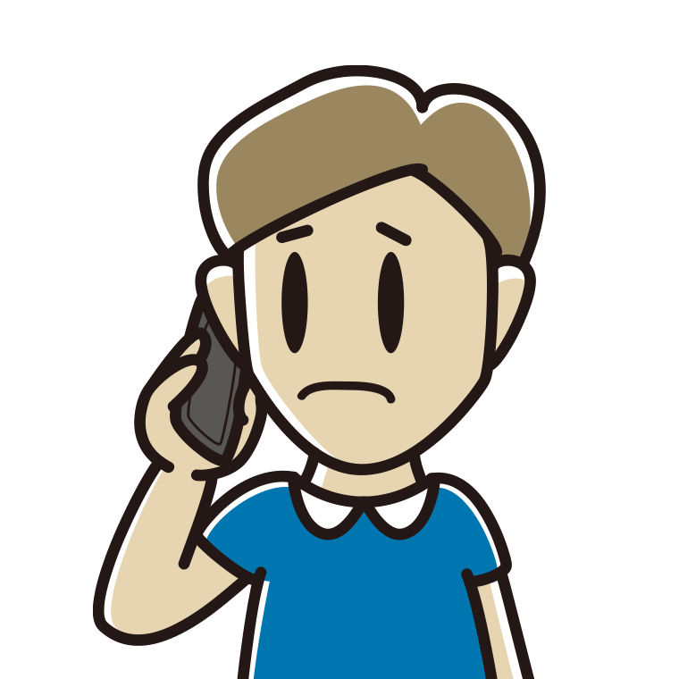 スマホで電話して困る男性のイラスト【色あり、背景なし】透過PNG