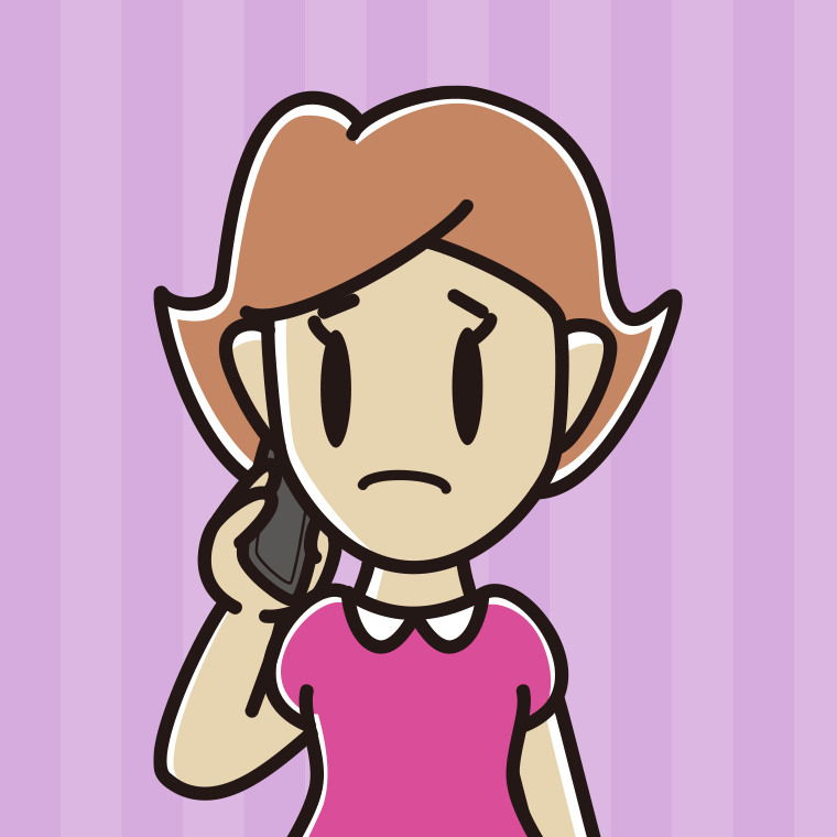 スマホで電話して困る女性のイラスト【色、背景あり】PNG