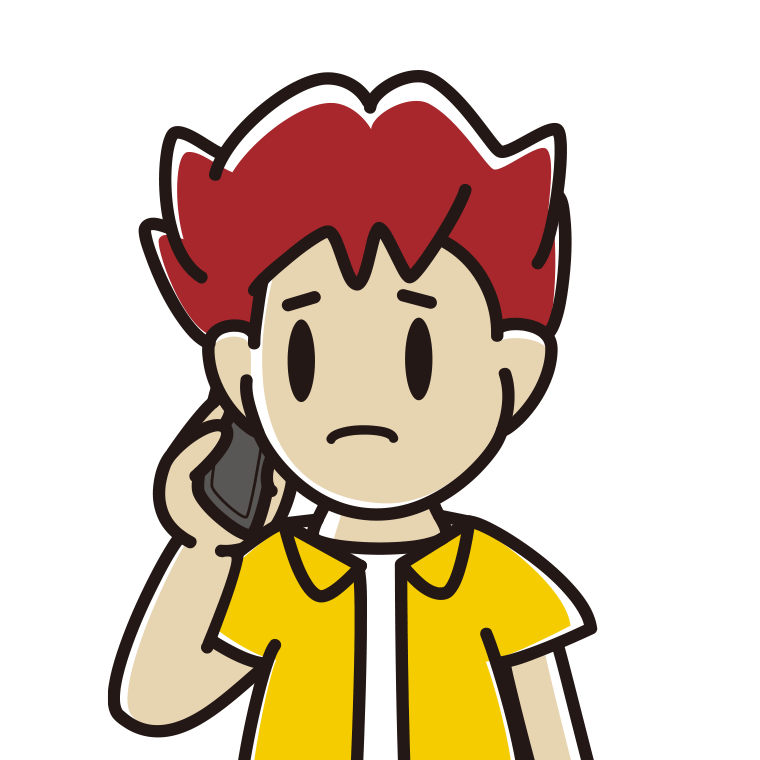 スマホで電話して困る男子大学生のイラスト【色あり、背景なし】透過PNG