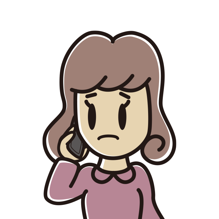 スマホで電話して困る女子大学生のイラスト【色あり、背景なし】透過PNG