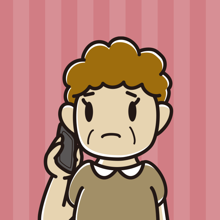 スマホで電話して困るおばさんのイラスト【色、背景あり】PNG