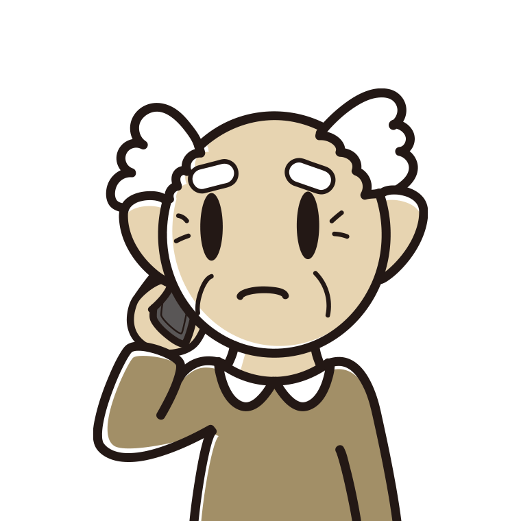 スマホで電話して困るおじいさんのイラスト【色あり、背景なし】透過PNG