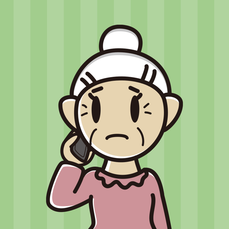 スマホで電話して困るおばあさんのイラスト【色、背景あり】PNG