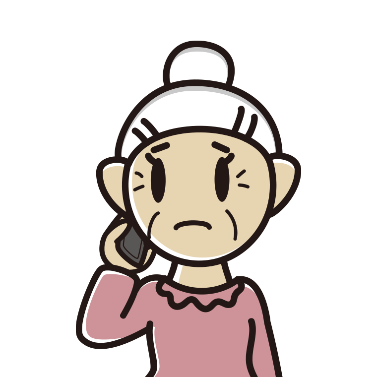 スマホで電話して困るおばあさんのイラスト【色あり、背景なし】透過PNG