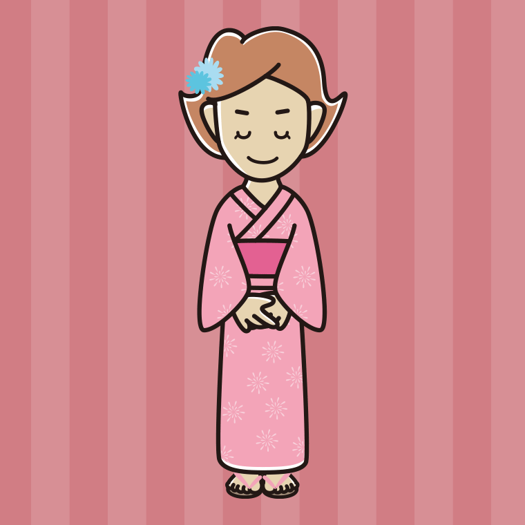 お辞儀する浴衣姿の女性のイラスト【色、背景あり】PNG